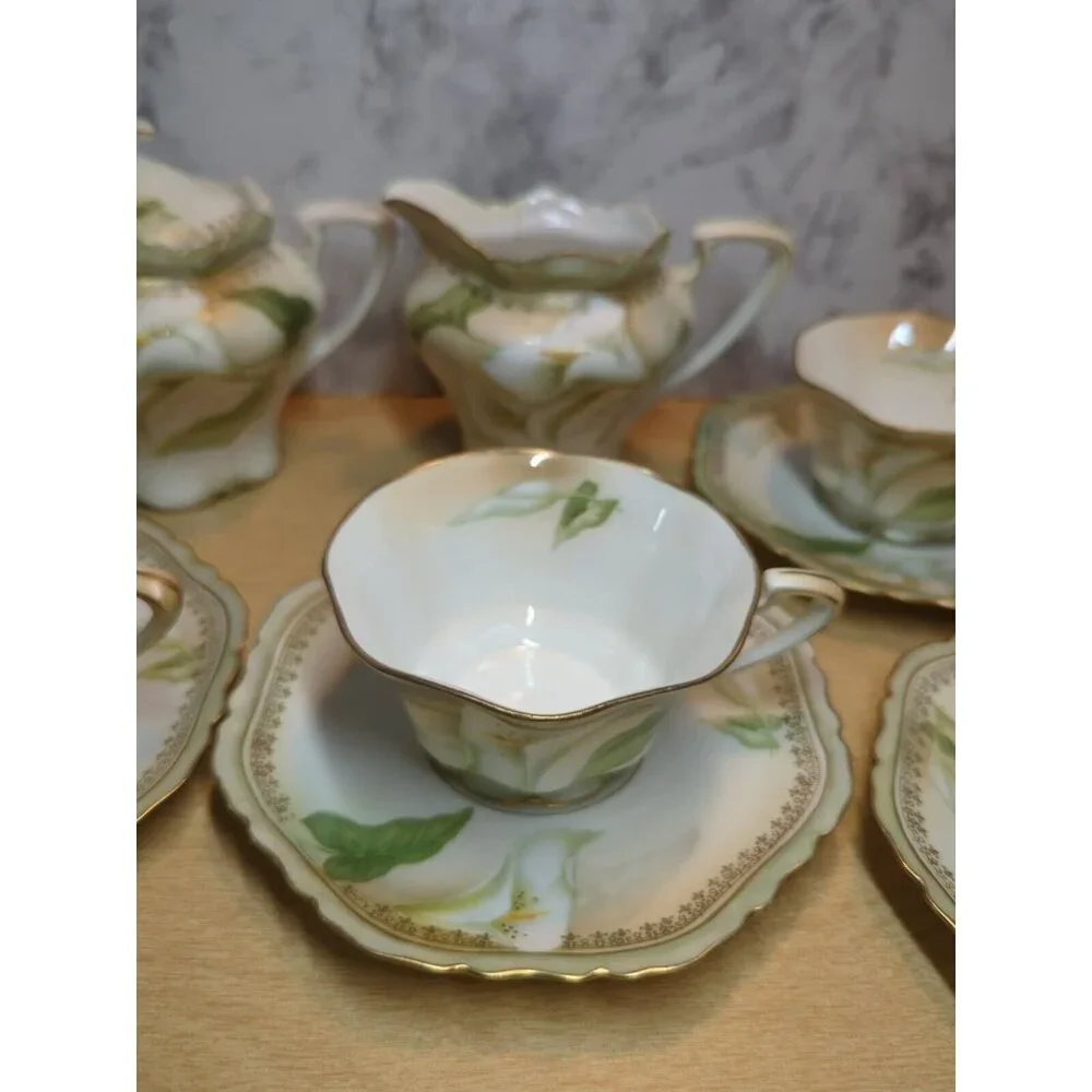 Antique RS Germany/Prussia Sugar Bowl Creamer 6 cups & 6‎ saucers Calla Lily